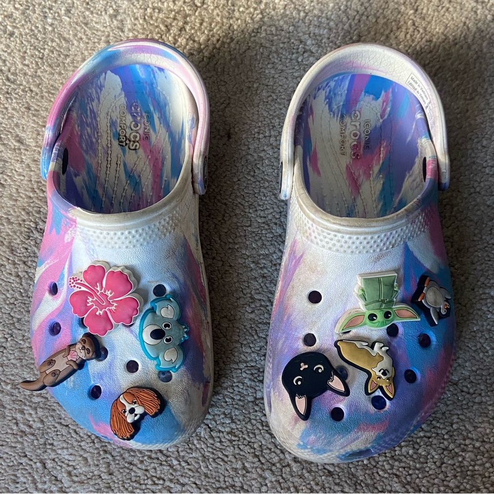 Crocs multi color pink, purple and white, kids size 12